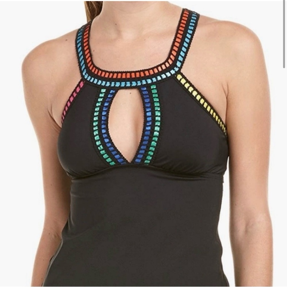 La Blanca Black Top with Colorful Trim keyhole swim top